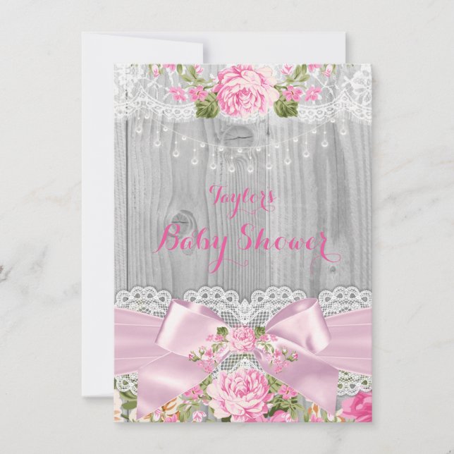 Convite Chá de Bebê Floral Rosa com Renda de Madeira Rústi (Frente)