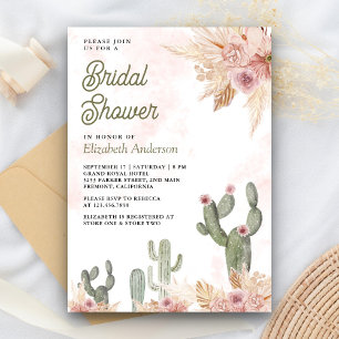 Convite Chá de Bebê Floral Rosa Corado Boho Cactus Pampas