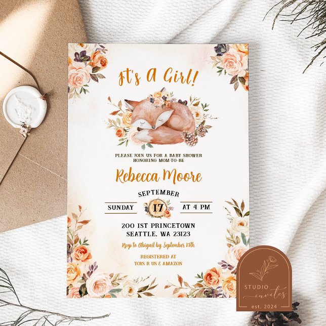 Convite Chá de Bebê Floral Rosa da Raposa da Floresta (Criador carregado)