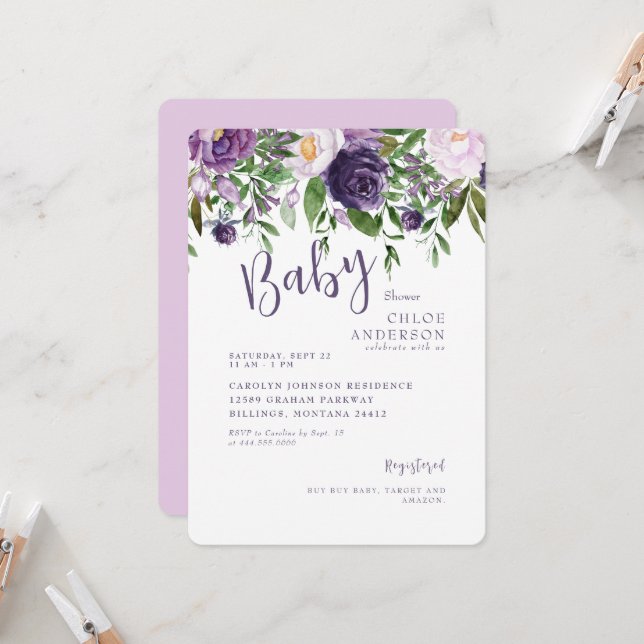 Convite Chá de Bebê Floral Rosa e Roxo (Frente/Verso In Situ)