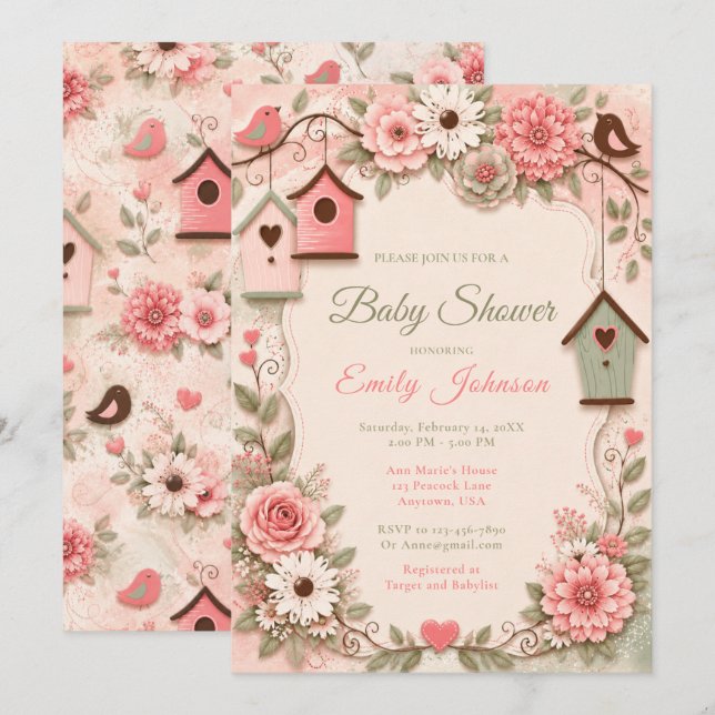 Convite Chá de Bebê Floral Rosa e Verde Musgo com Pássaros (Frente/Verso)