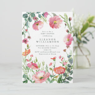 Convite Chá de Bebê Floral Rosa em Aquarela Elegante