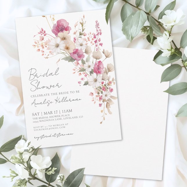 Convite Chá de Bebê Floral Rosa Flor Silvestre (Wildflower Pink Floral Bridal Shower Invitation)