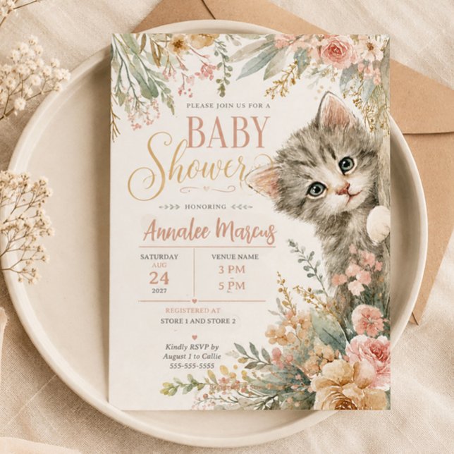 Convite Chá de Bebê Floral Rosa Kitten Blush  (Sweet gray kitten baby shower invitation)