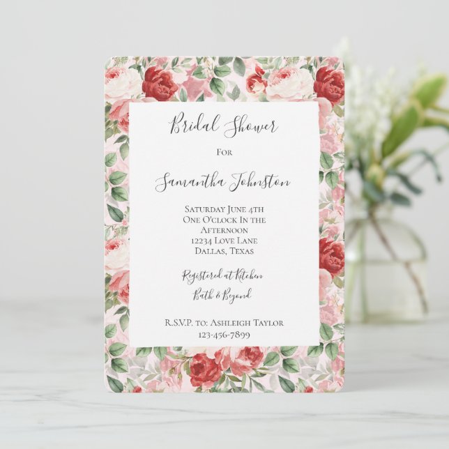 Convite Chá de Bebê Floral Rosa Vermelho Romântico (Em pé/Frente)