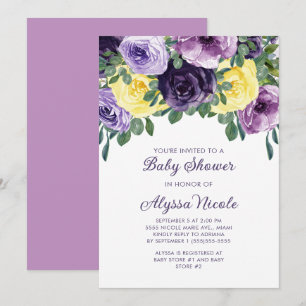 Convite Chá de Bebê Floral Roxo Amarelo Elegante