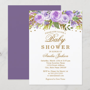 Convite Chá de Bebê Floral Roxo Aquarela Dourado
