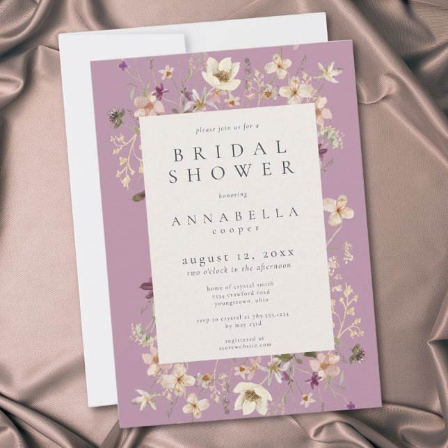 Convite Chá de Bebê Floral Roxo Caprichoso para Noiva (Whimsical Purple Wildflower Floral Bridal Shower Invitation)