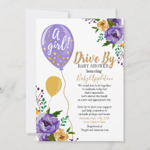 Convite Chá de Bebê Floral Roxo e Dourado Drive By