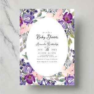 Convite Chá de Bebê Floral Roxo e Rosa Elegante