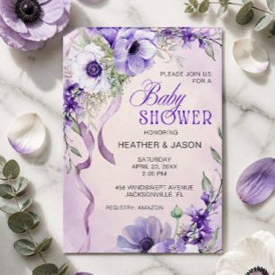 Convite Chá de Bebê Floral Roxo Elegante