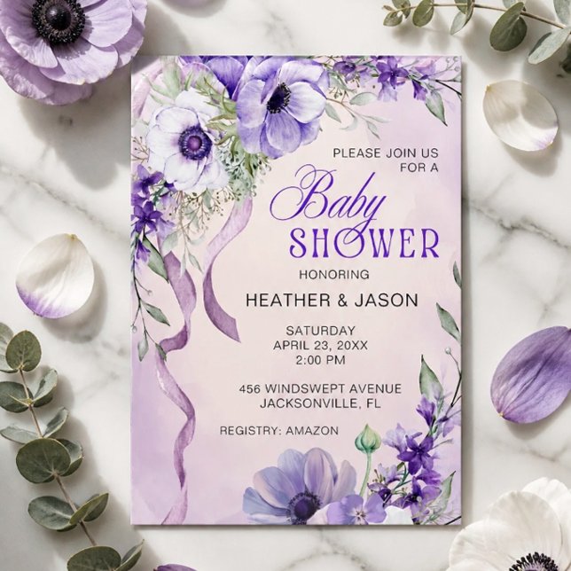 Convite Chá de Bebê Floral Roxo Elegante (Criador carregado)