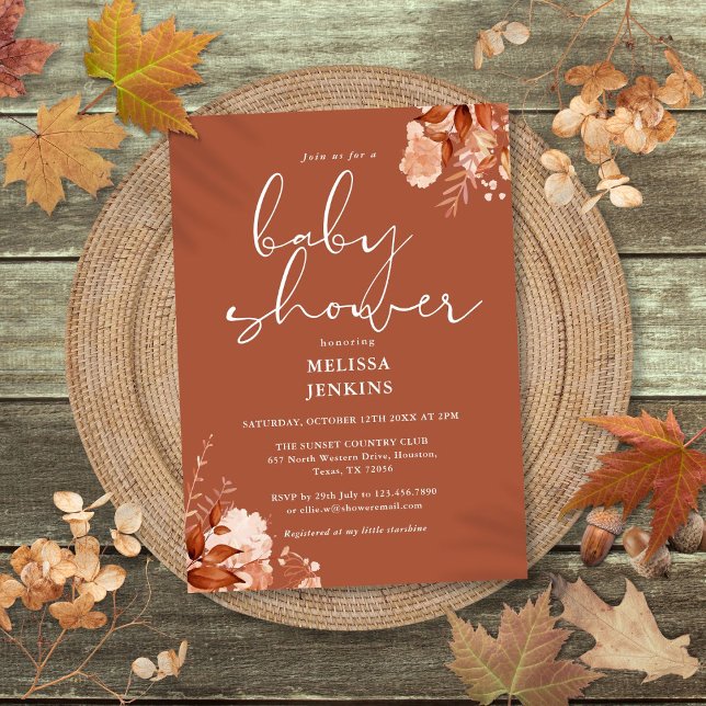 Convite Chá de Bebê Floral Rústico de Outono (Rustic Floral Autumn Fall Baby Shower Invitation)