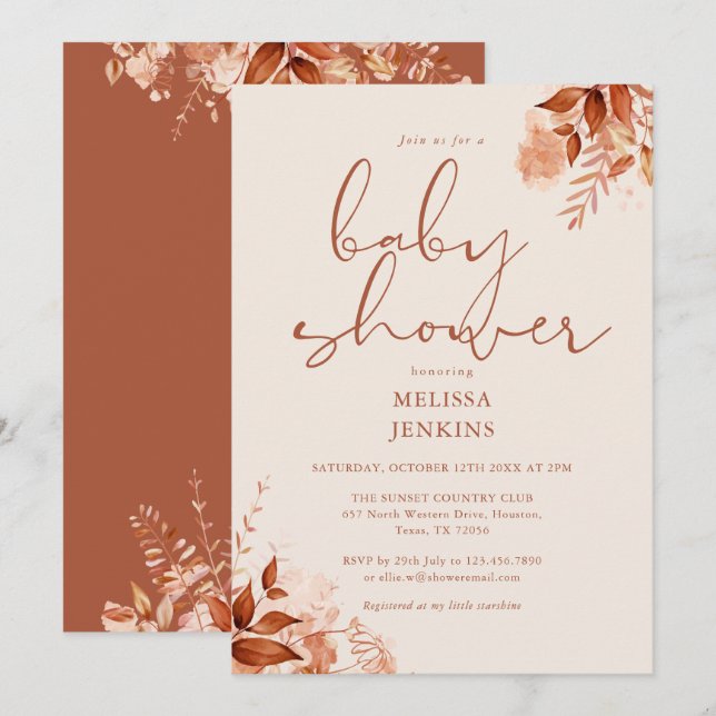 Convite Chá de Bebê Floral Rústico Outono (Frente/Verso)