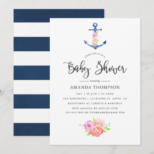 Convite Chá de Bebê Floral Temático Náutico em Aquarela
