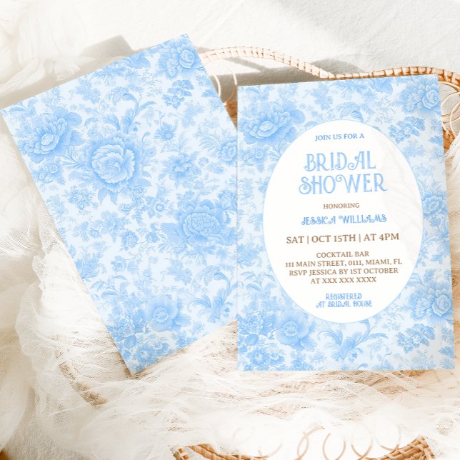 Convite Chá de Bebê Floral Toile Azul Francês (Criador carregado)