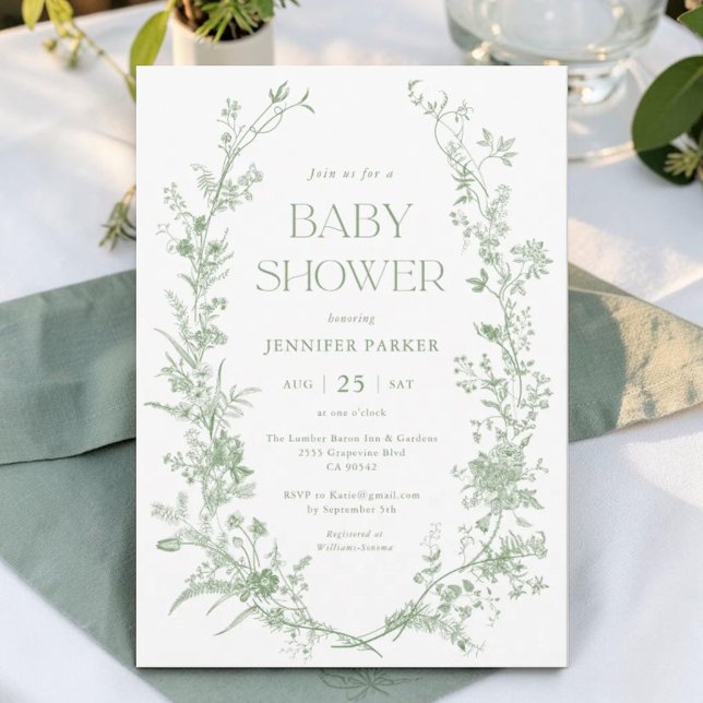 Convite Chá de Bebê Floral Toile Verde Sage (Criador carregado)