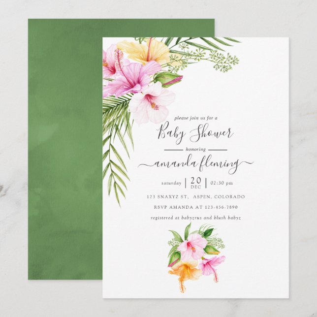 Convite Chá de Bebê Floral Tropical em Aquarela (Frente/Verso)