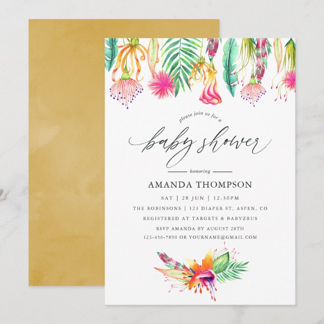 Convite Chá de Bebê Floral Tropical em Aquarela (Frente/Verso)