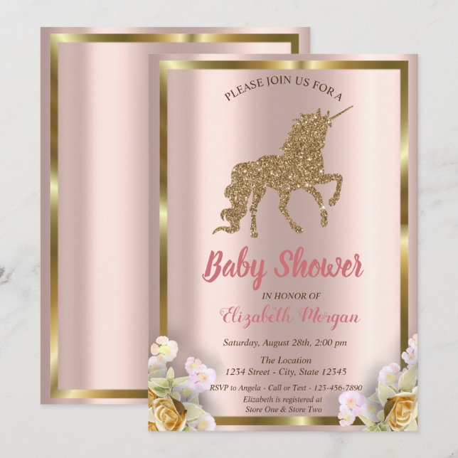 Convite Chá de Bebê Floral Unicórnio Elegante com Brilho D (Frente/Verso)