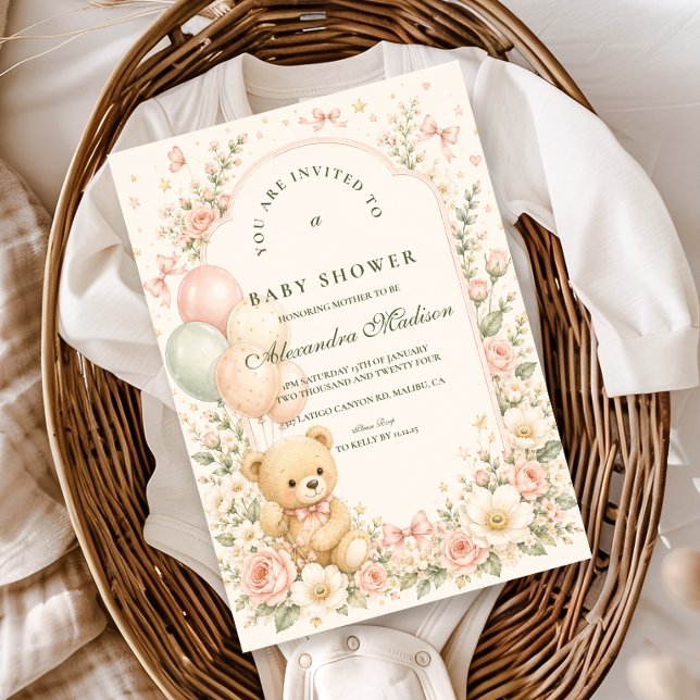 Convite Chá de Bebê Floral Urso Teddy Fofo (Criador carregado)