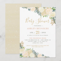 Chá de Bebê Floral Verde Creme Elegante Dourado