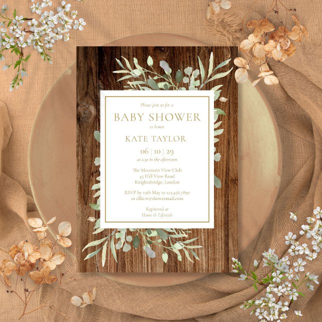 Convite Chá de Bebê Floral Verde Madeira Rústica (Rustic Wood Greenery Floral Baby Shower Invitation)