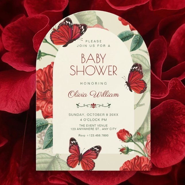 Convite Chá de bebê floral verde vermelho rústico (Criador carregado)