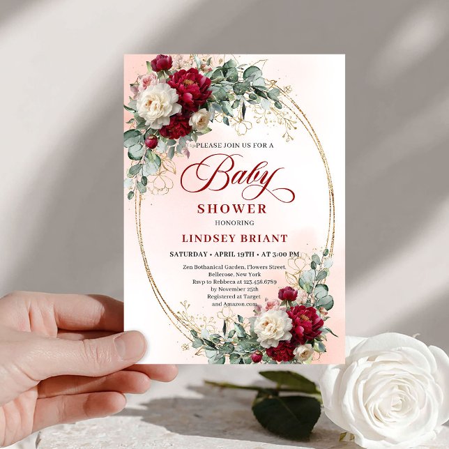 Convite Chá de Bebê Floral Vermelho Profundo Boêmio Românt (Romantic Bohemian Deep Red Floral Baby Shower)