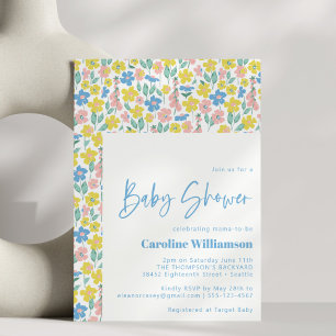 Convite Chá de Bebê Floral Vintage Azul Fofo Amarelo