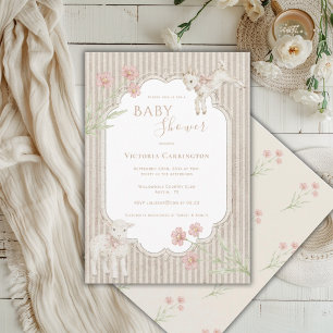 Convite Chá de Bebê Floral Vintage Cordeiro Fofo