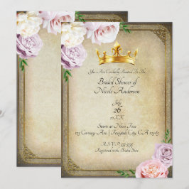 Convite Chá de Bebê Floral Vintage Coroa Dourada Real