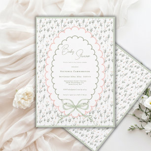 Convite Chá de Bebê Floral Vintage Rosa e Sage