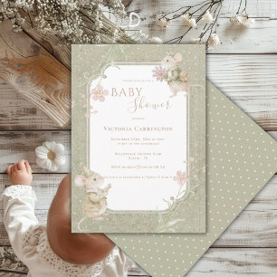 Convite Chá de Bebê Floral Vintage Sage Verde Fofo