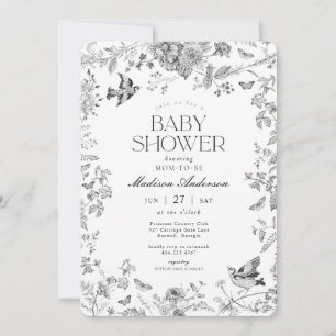 Convite Chá de Bebê Floral Vintage Toile De Jouy Preto