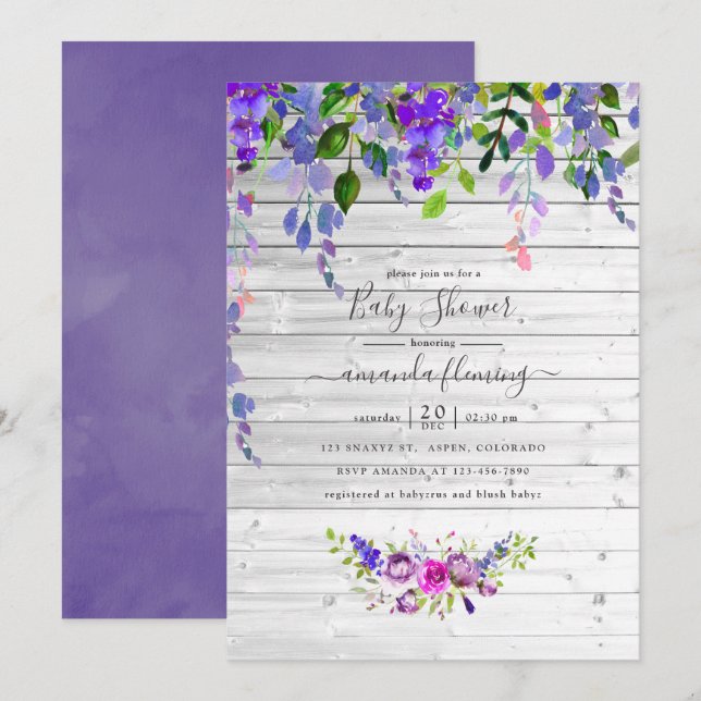 Convite Chá de Bebê Floral Violeta Aquarela Rústica (Frente/Verso)