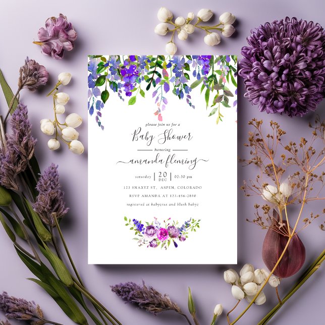 Convite Chá de Bebê Floral Violeta em Aquarela (Criador carregado)