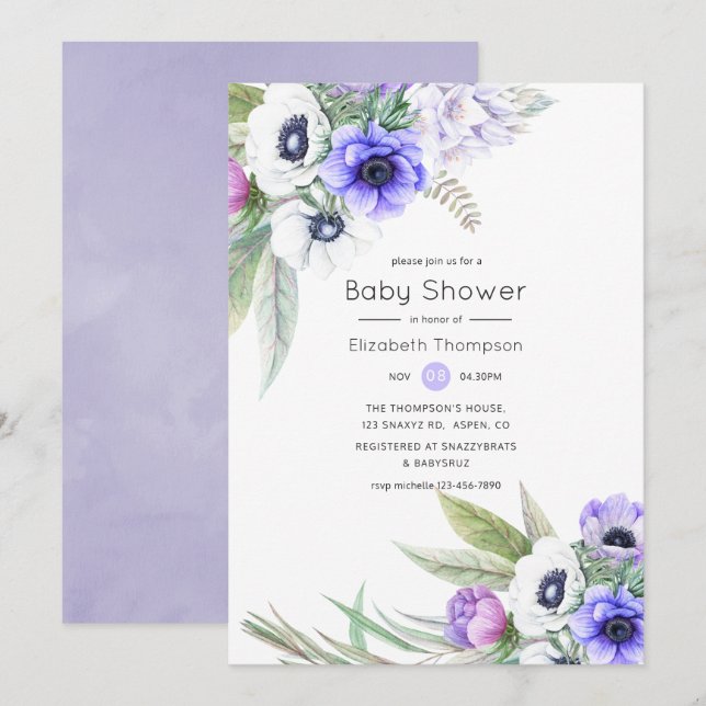 Convite Chá de Bebê Floral Violeta Pastel e Ameixa (Frente/Verso)