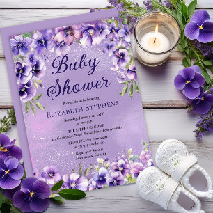 Convite Chá de Bebê Floral Violetas Roxas Elegantes