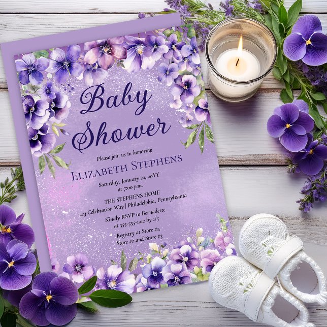 Convite Chá de Bebê Floral Violetas Roxas Elegantes (Elegant Boho Purple Violets Lavender Floral Baby Shower Invitation - Print | Digital Download)