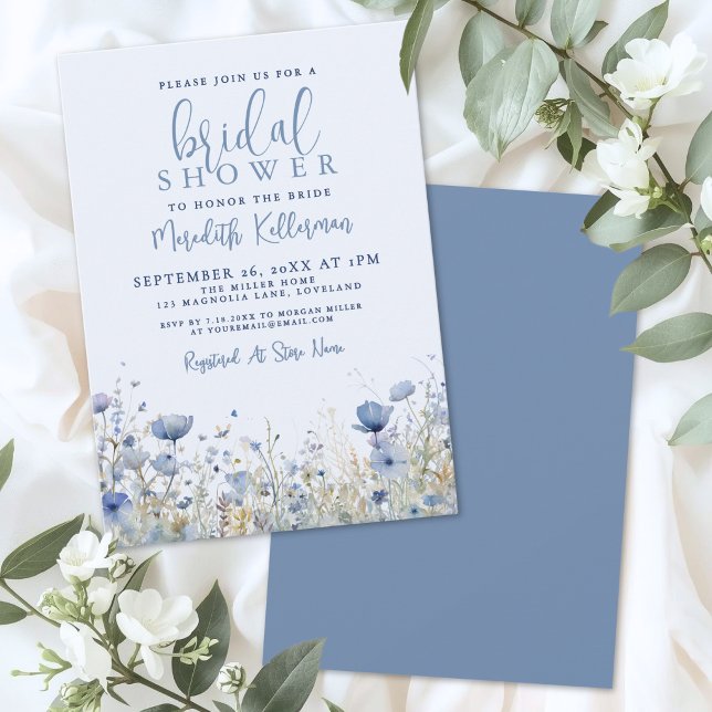 Convite Chá de Bebê Floral Wildflower Blue (Wildflower Blue Floral Bridal Shower Invitation)