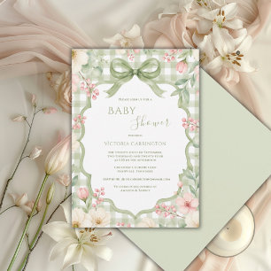 Convite Chá de Bebê Floral Xadrez Verde Branco Caprichoso