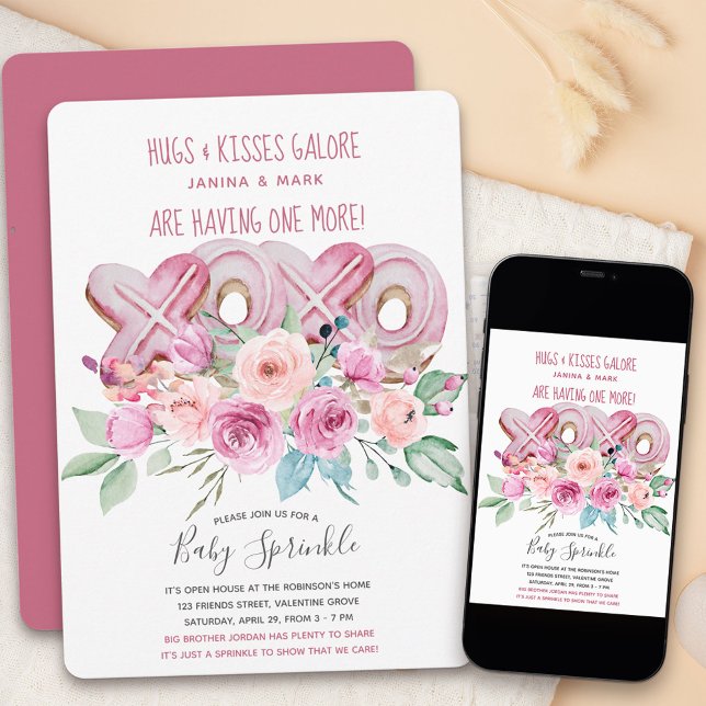 Convite Chá de Bebê Floral XOXO Meninas Lindas (XOXO baby sprinkle invitation with cute poem cookies and flowers)