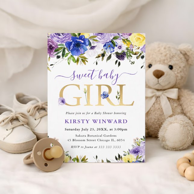 Convite Chá de Bebê Flores de Verão Roxo e Creme (Criador carregado)