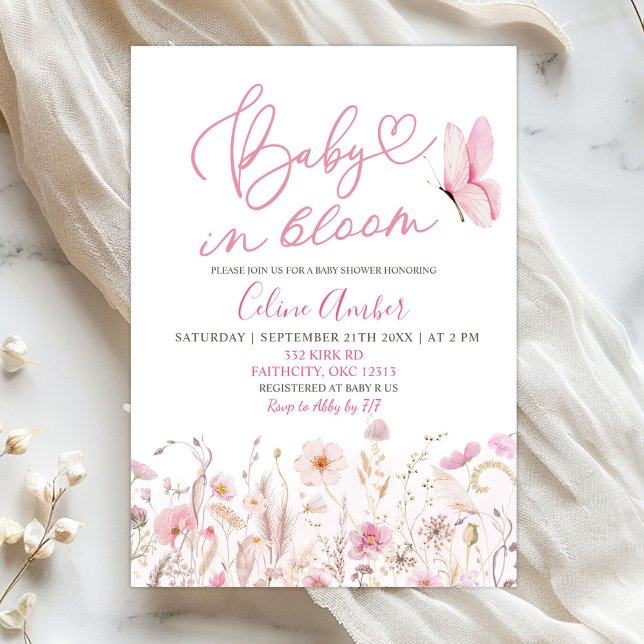 Convite Chá de Bebê Flores Silvestres Boho Rosa (Criador carregado)