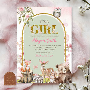 Convite Chá de Bebê Floresta de Madeira Verde Sage Rosa