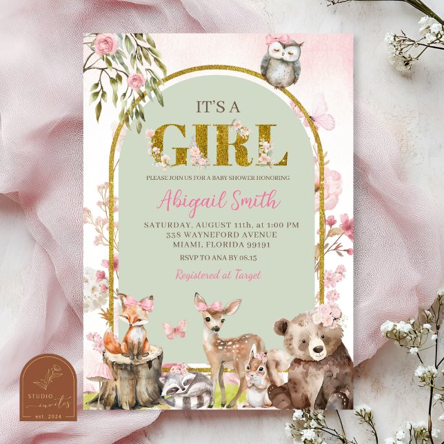 Convite Chá de Bebê Floresta de Madeira Verde Sage Rosa (Criador carregado)