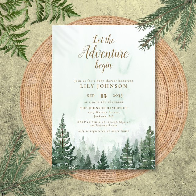 Convite Chá de Bebê Floresta de Pinheiros O Início da Aven (Let The Adventure Begin Pine Forest Baby Shower Invitation)