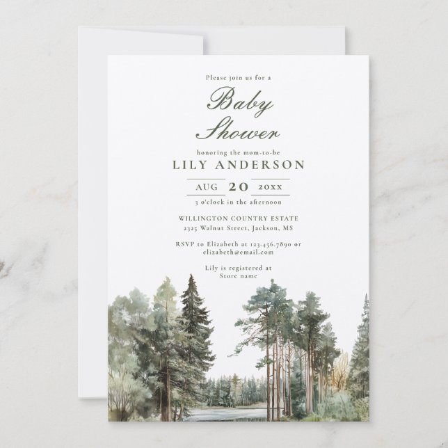 Convite Chá de Bebê Floresta do Lago Aquarela Rústica (Frente)