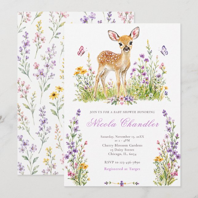 Convite Chá de Bebê Floresta Fawn (Frente/Verso)